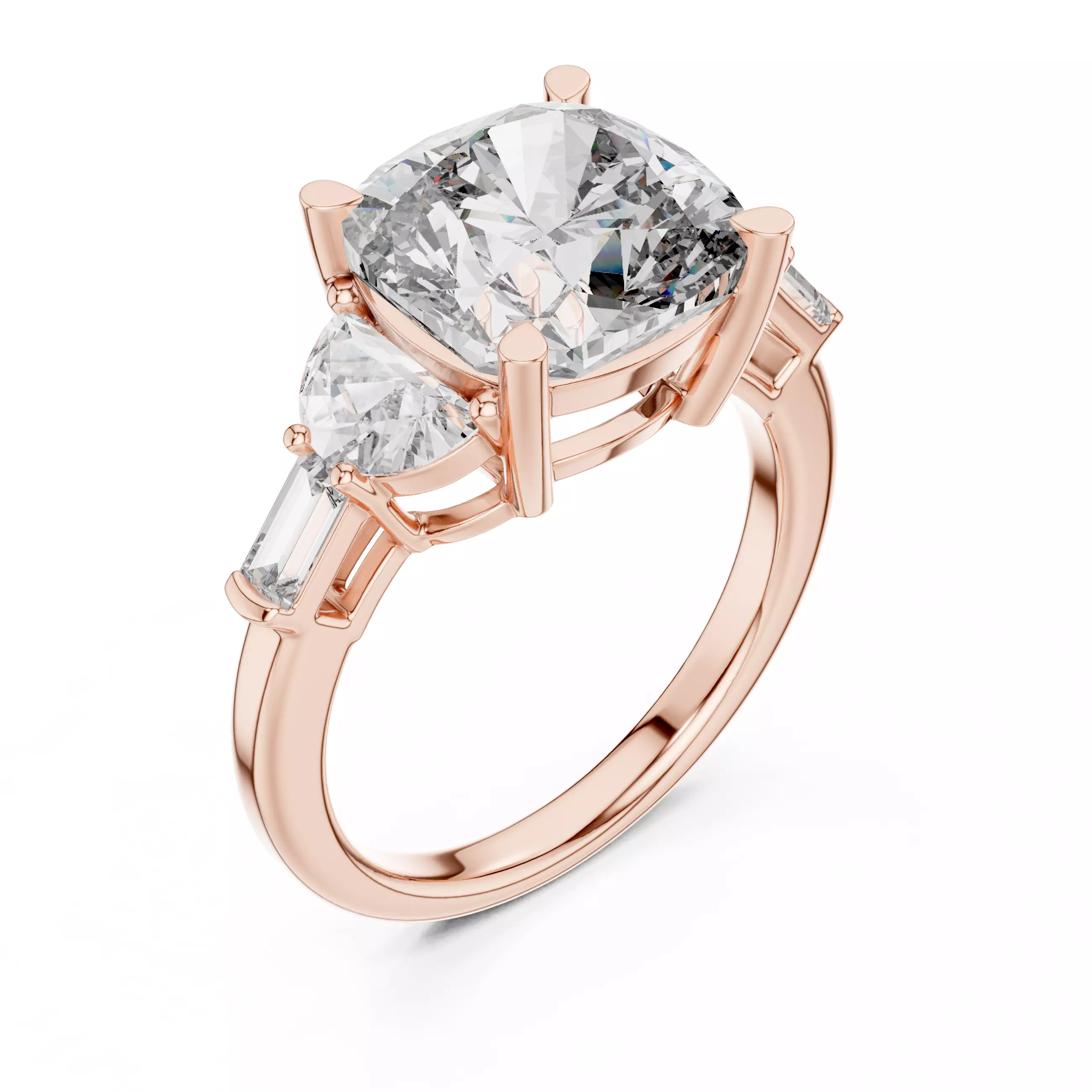 Cushion Half Moon and Baguette Cut Five Stone Ring 3DM STL Video 3D print model_4