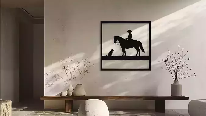 Cowboy on Horse with Dog Silhouette Wall Art Decor