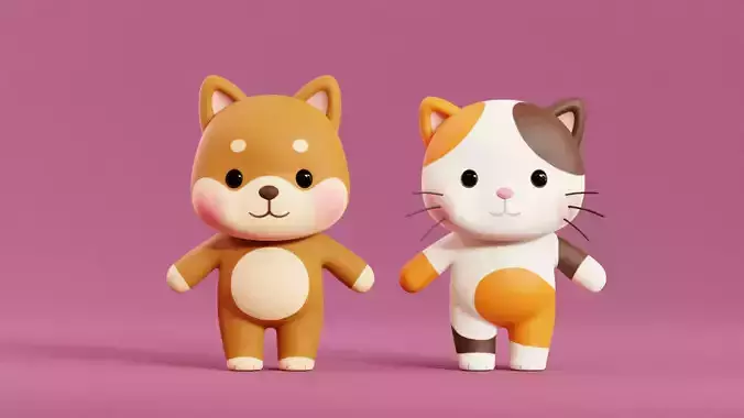 Cartoon Cat and Dog Shiba Chibi Kawaii Characters  Animals Pack  Low-poly 3D model
