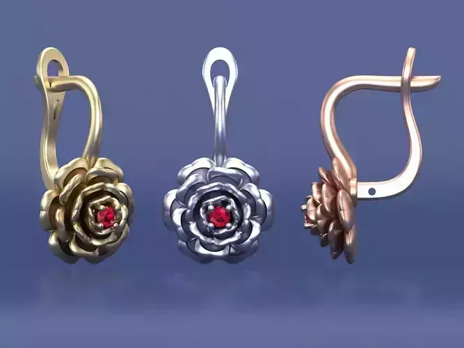 Rose Hoop Earrings With Tiny Gemstones 3D CAD Design