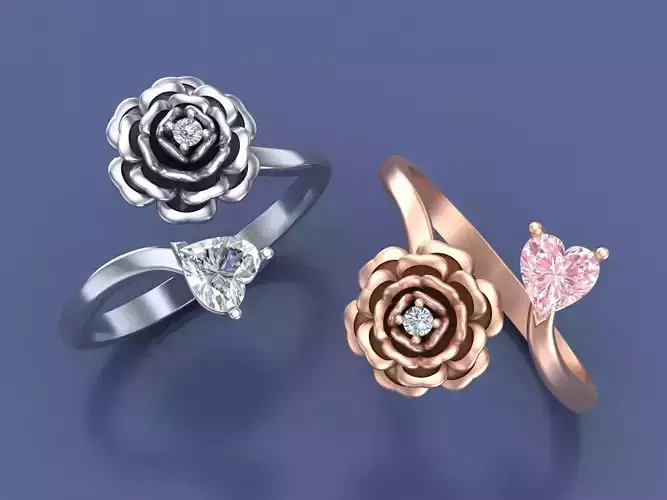 3D Printable Rose Gemstone Open Rings Jewelry 3D CAD Design
