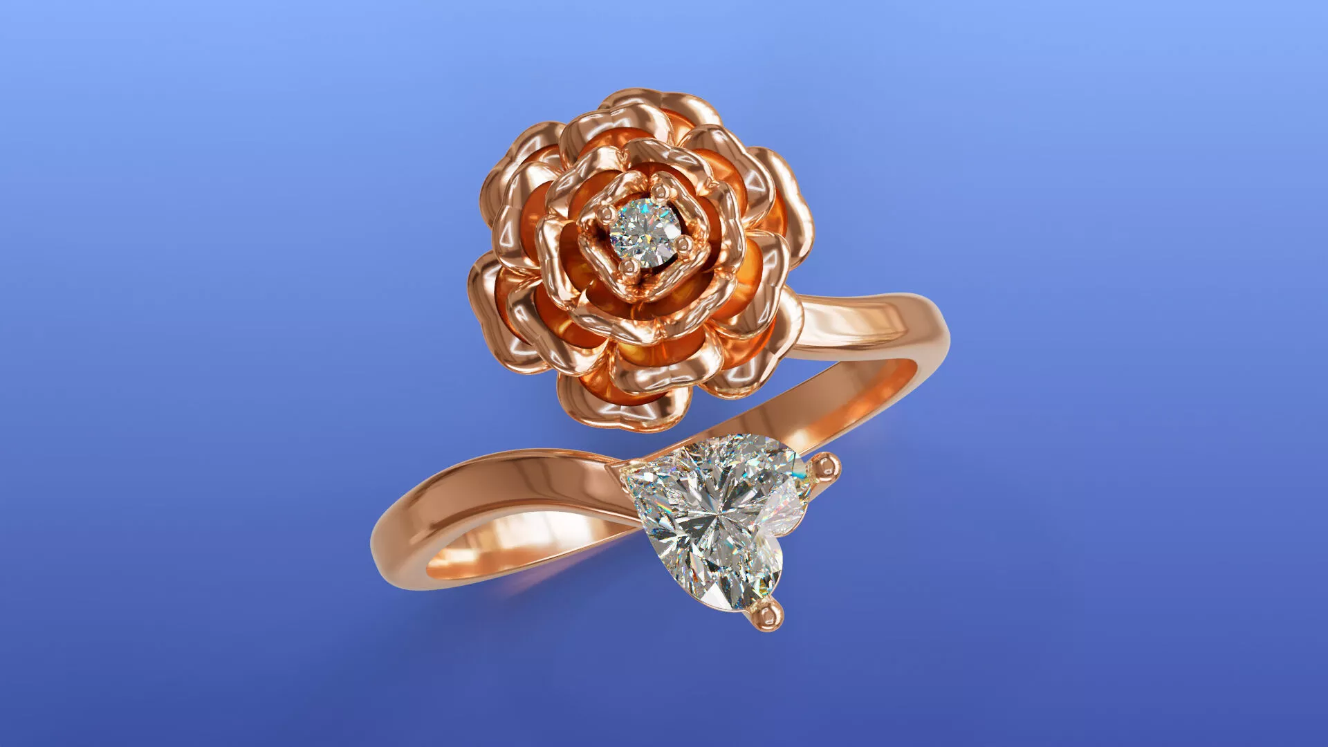 Rose Blossom Open Shank Ring with Heart Diamond Accent 53 EU 3D print model