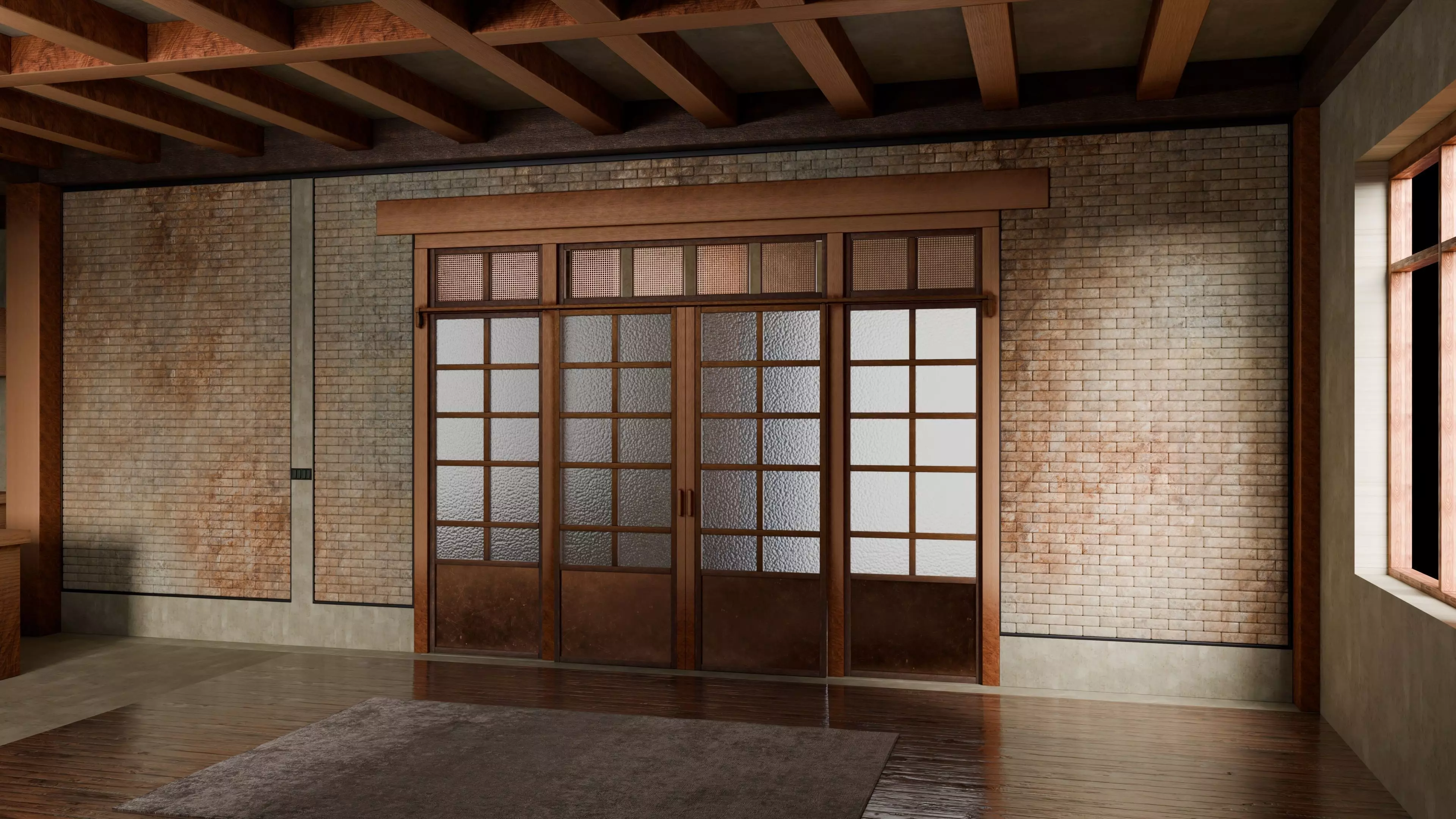 Double Sliding Door with decorative wall 3D model_0