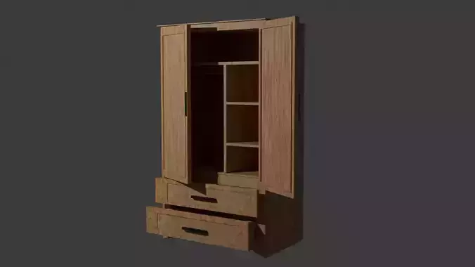 Realistic Wooden Wardrobe 3D Model Openable Doors and Drawers