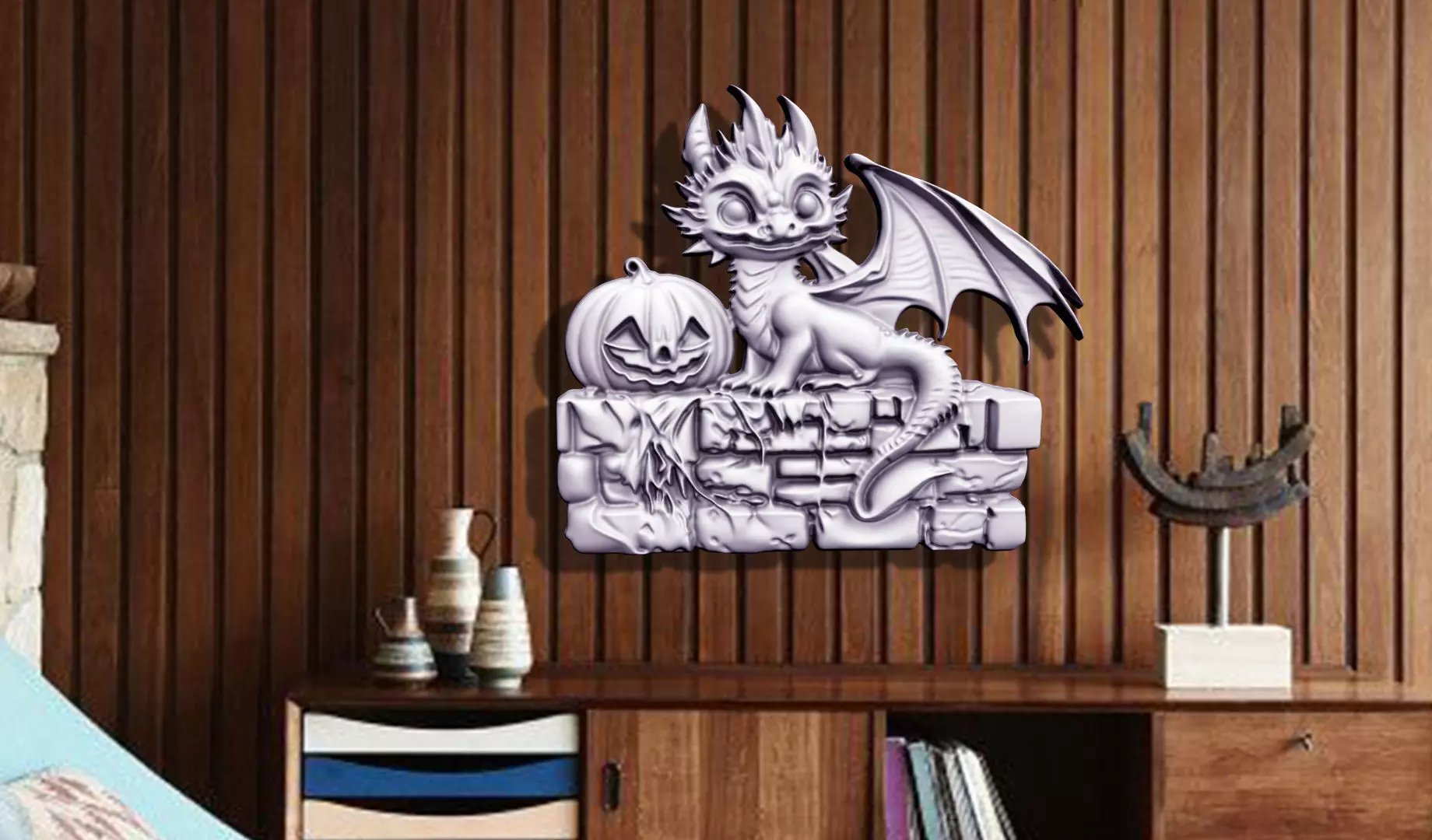 BAS-RELIEF BABY HALLOWEEN DRAGON FOR DECORATION 3D print model_5