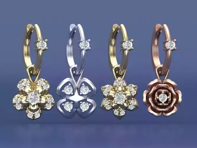 A Set of Flower Dazzling Diamond Hoop Earrings 3D CAD Design