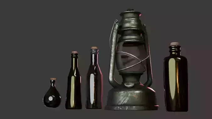 PBR Vintage Oil Lantern Bottles - Game Ready Low Poly 3D Model