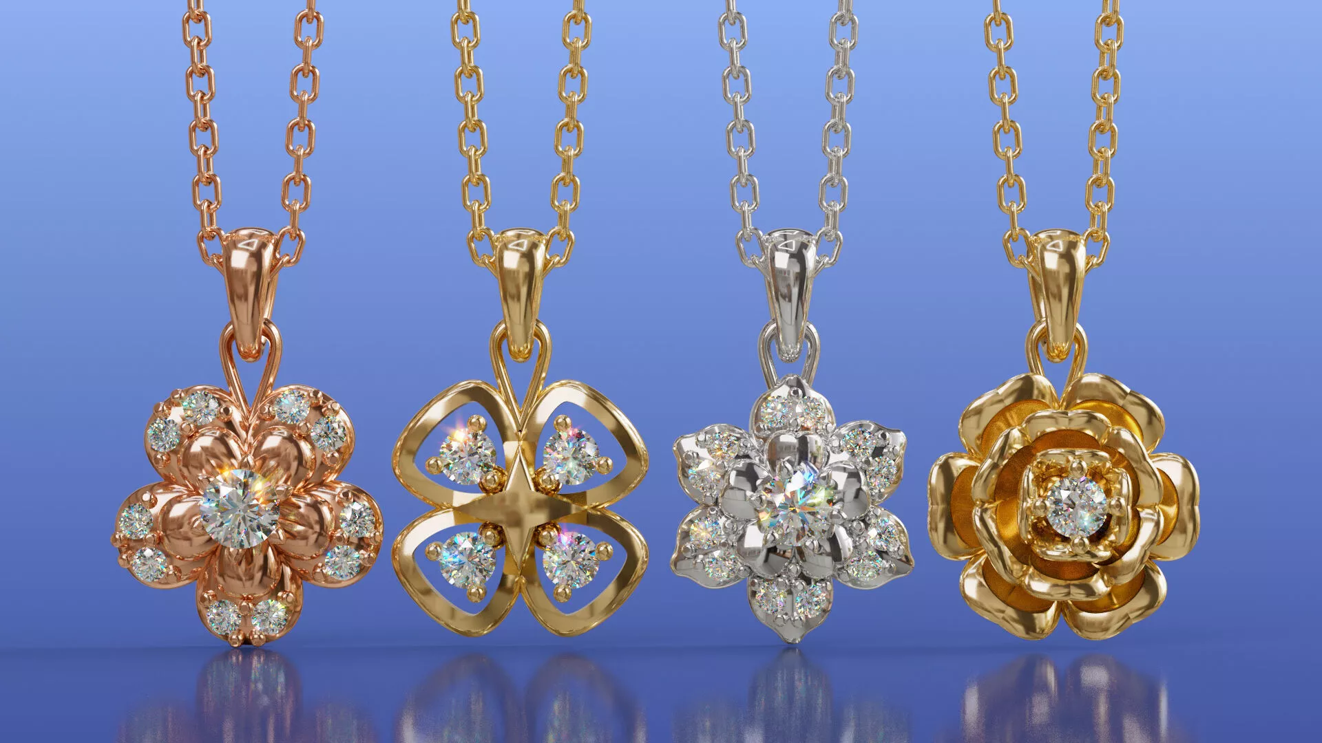 Exquisite Floral and Clover Pendant Set of 4 Versatile Necklace 3D print model