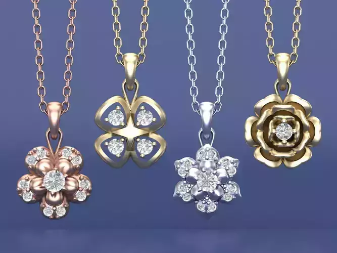A Set of Flower Diamond Pendant Necklace CAD Designs