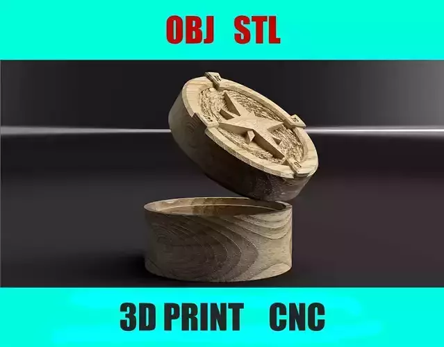 Compass Jewelry Box with Lid  Round Decorative Storage  STL OBJ 