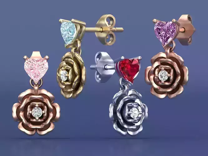 Heart Gems and Rose Flower Diamond Earring CAD Designs