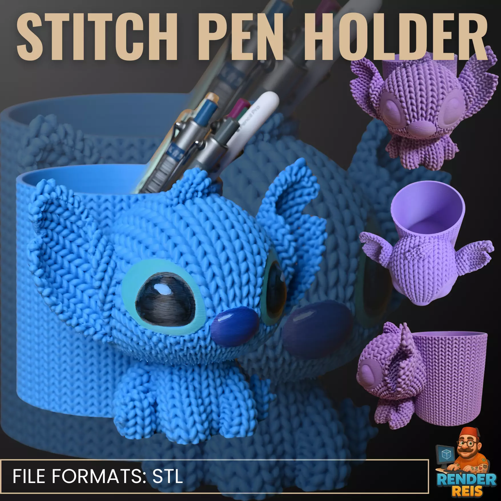 Stitch Pen Holder 3D Model Cute Desk Organizer 3D print model_0