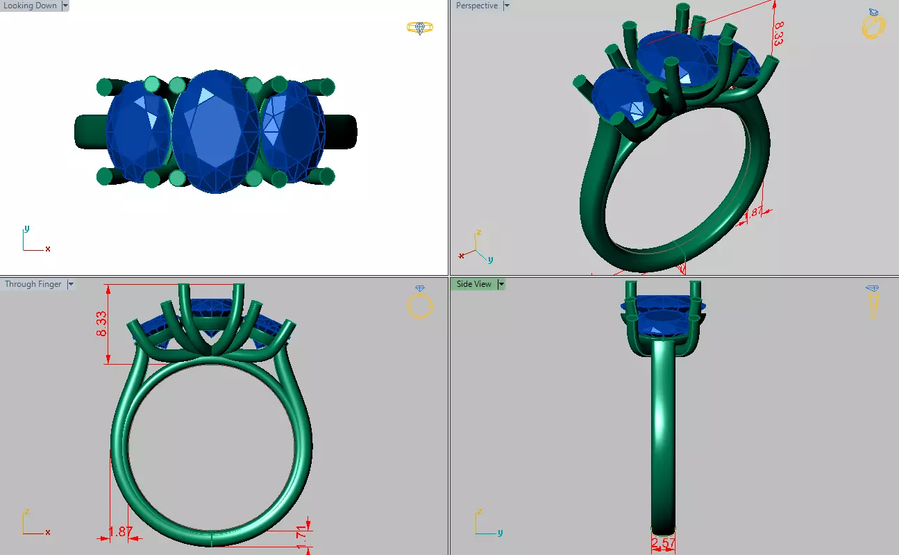 Trellis Shaped Ring with Three Oval Stones 3D print model_4