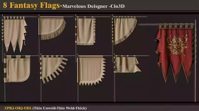 8 Fantasy Flagss -Marvelous Designer-Clo3D-ZPRJ-FBX- OBJ