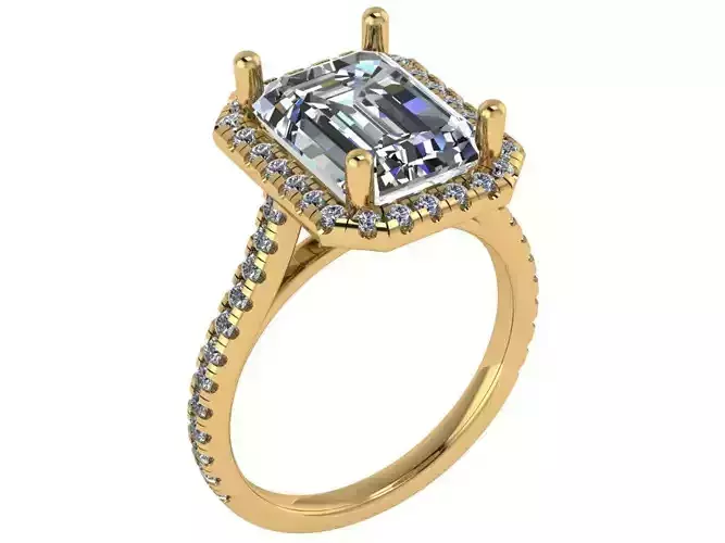 Emerald Halo Ring with pave diamond setting on the band