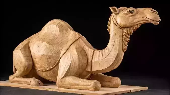 Timber Traveller Hand-Carved Wooden Camel Sculpture Low-poly 3D model