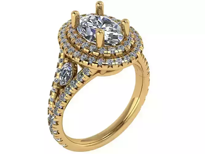 Double Halo Oval Ring with Marquise stone between shanks