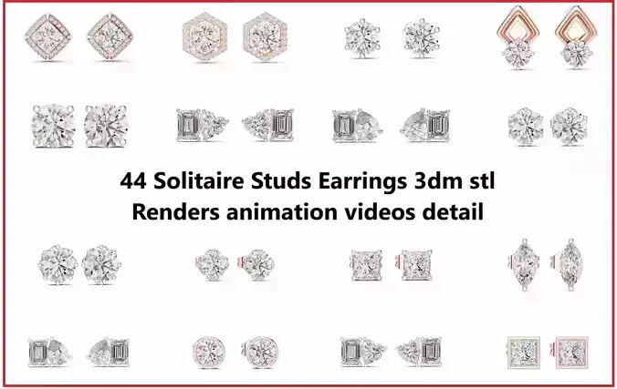 44 Solitaire Studs Earrings 3dm stl renders animation videos