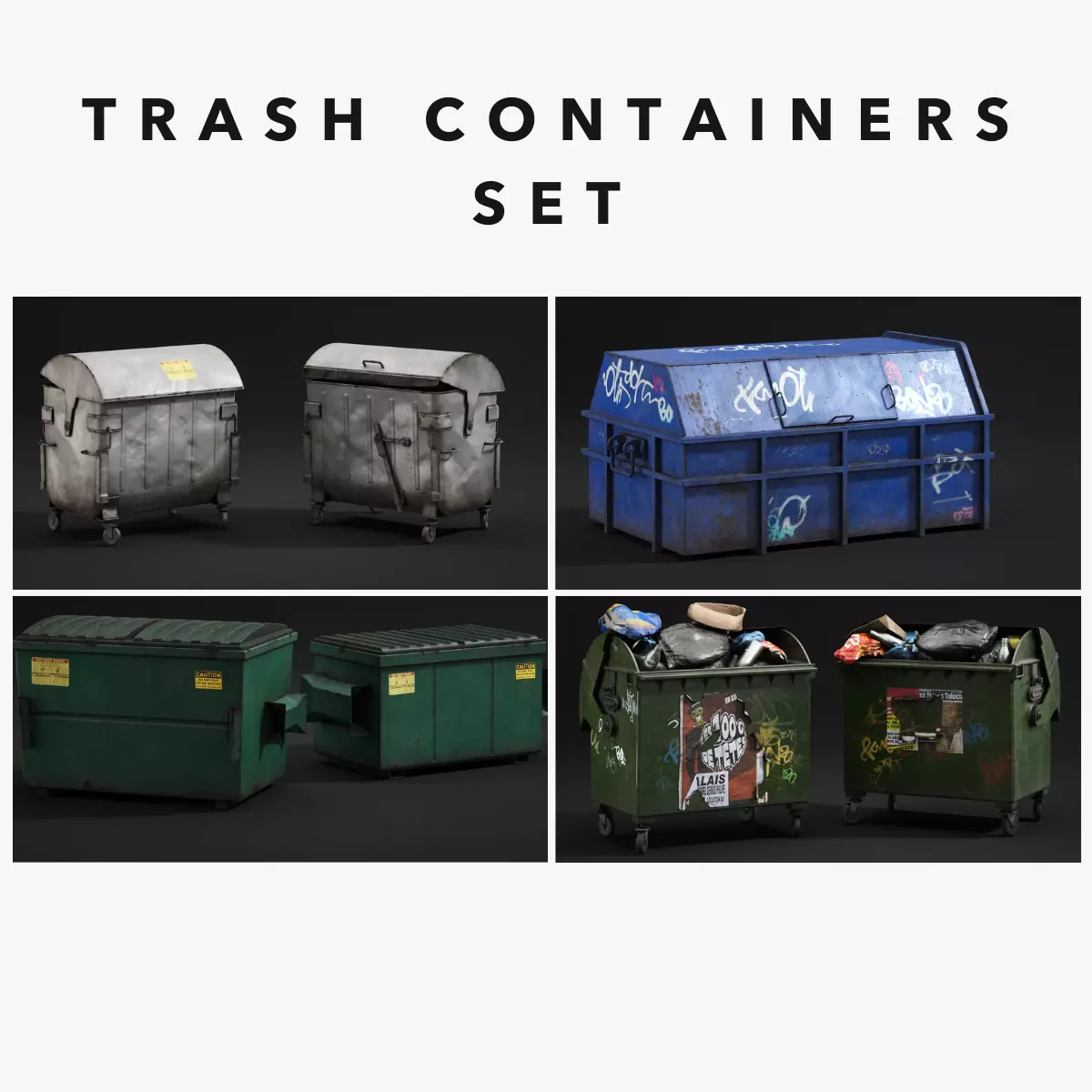 Trash Containers Set Low-poly 3D model_0