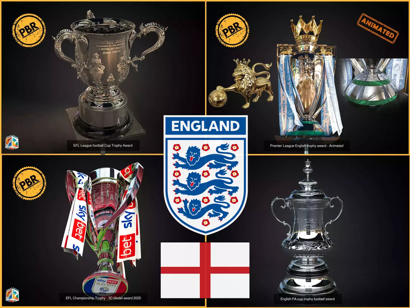 English Football Trophies Bundle 3D Model Collection_0