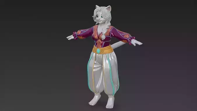 Cartoon Furry White Cat Character PBR 3D Model