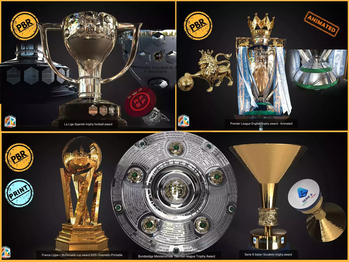Top 5 Football Leagues Trophies Bundle 3D Model Collection_0
