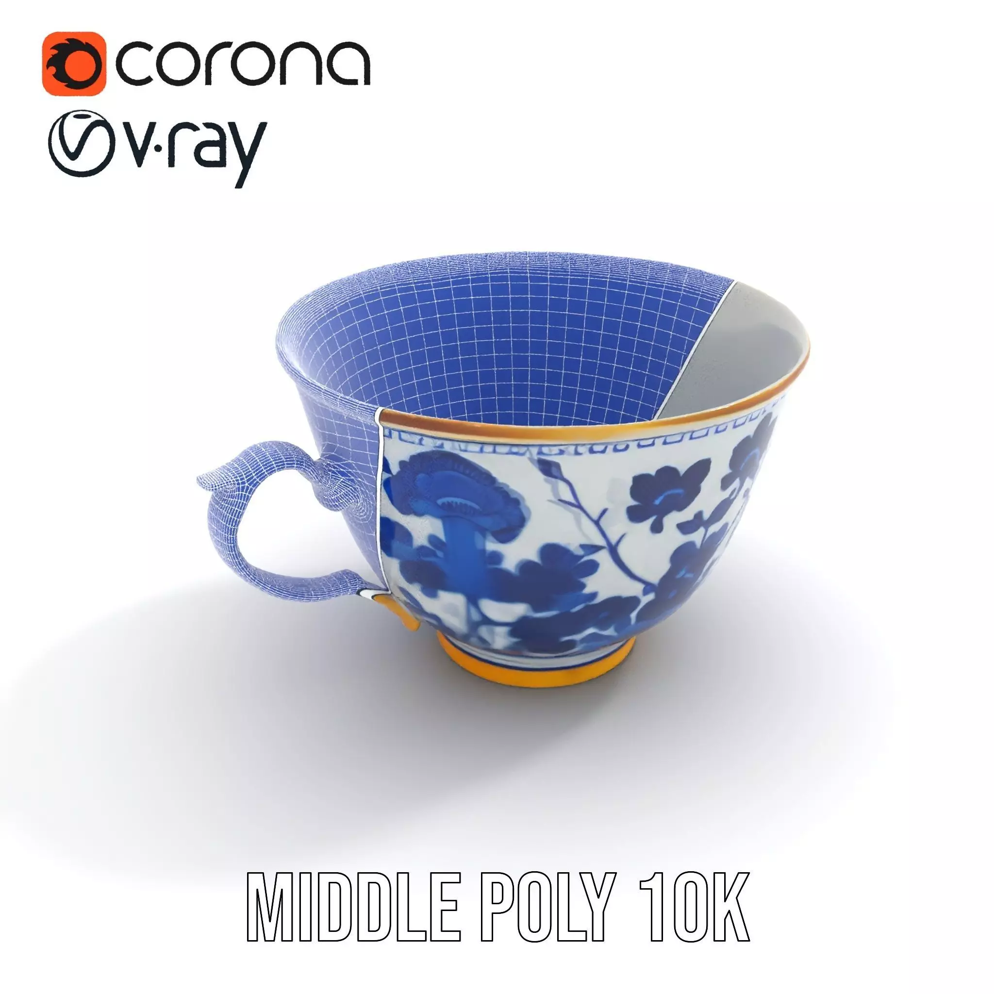 Blue Floral Porcelain Teacup model pack Low-poly 3D model_7