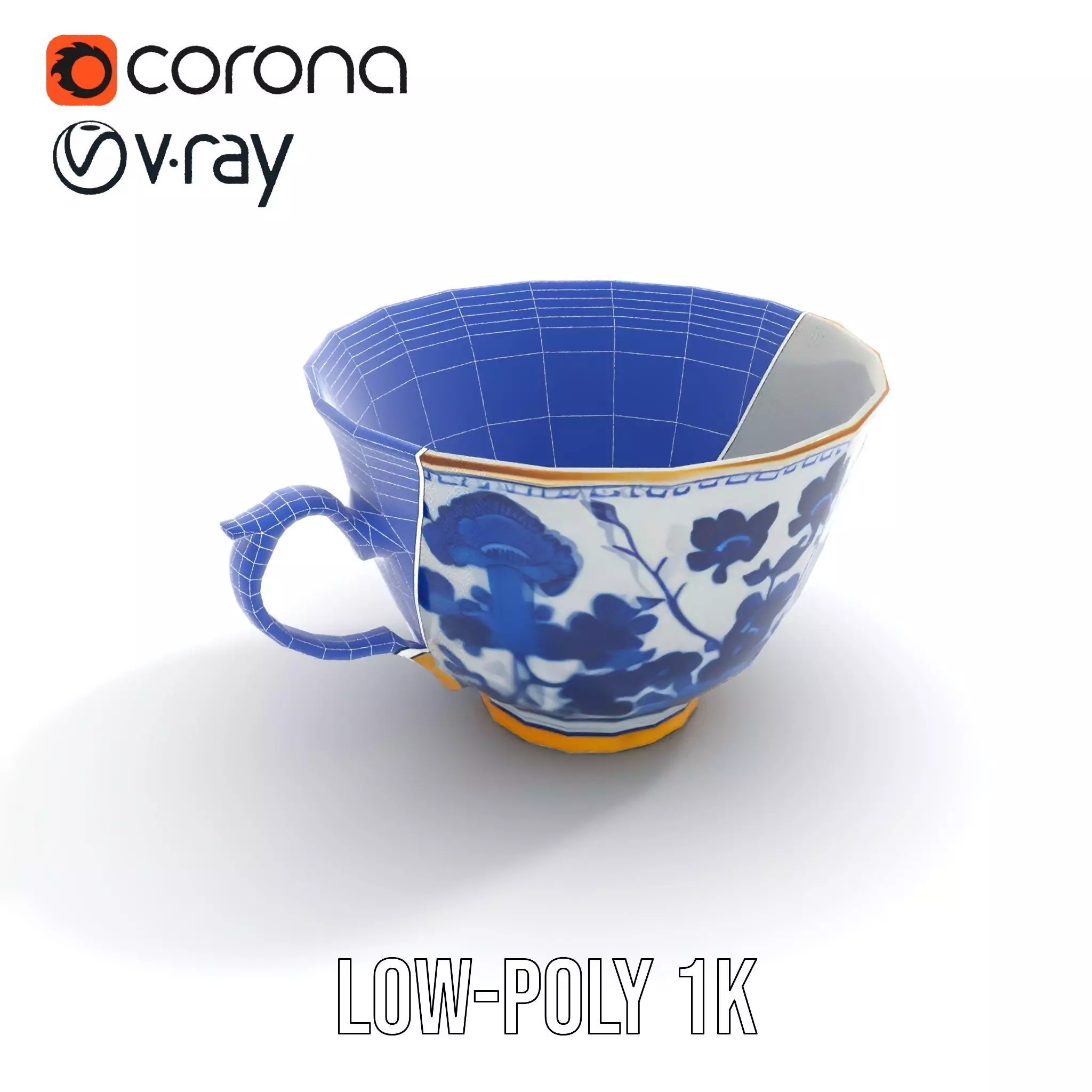 Blue Floral Porcelain Teacup model pack Low-poly 3D model_17