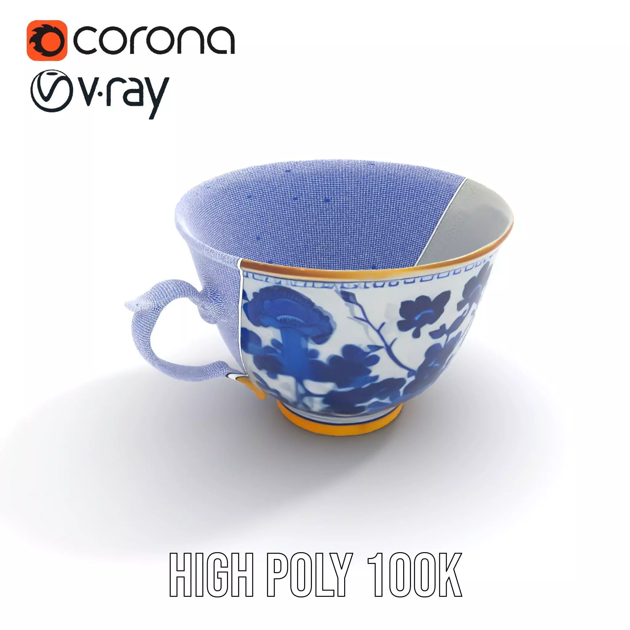 Blue Floral Porcelain Teacup model pack Low-poly 3D model_29