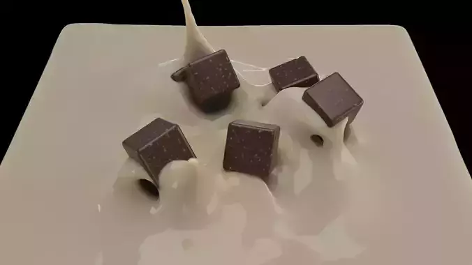 Chocolate Pieces Falling into Milk - 3D Animation