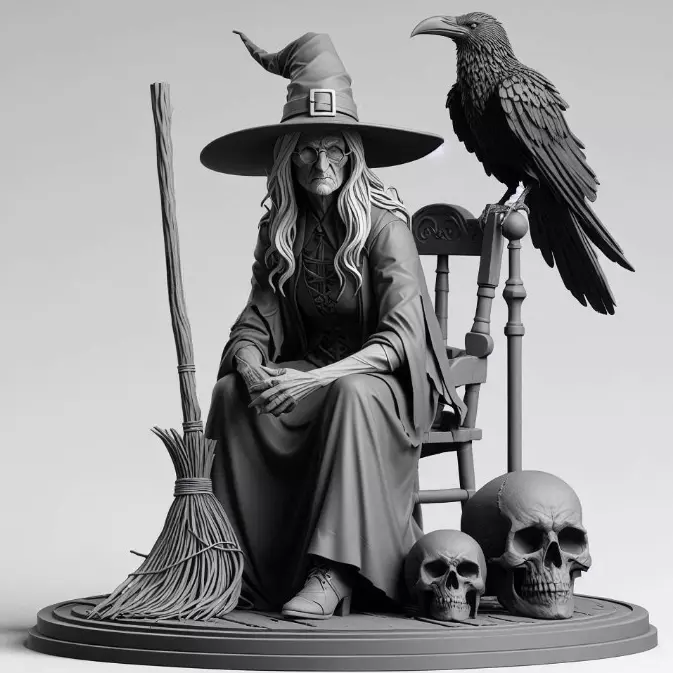 2132Ivory Witch on Chair with Broom Raven and Skull 3D print model_33