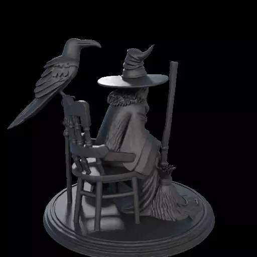 2132Ivory Witch on Chair with Broom Raven and Skull 3D print model_4