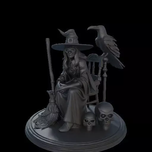 2132Ivory Witch on Chair with Broom Raven and Skull 3D print model_22