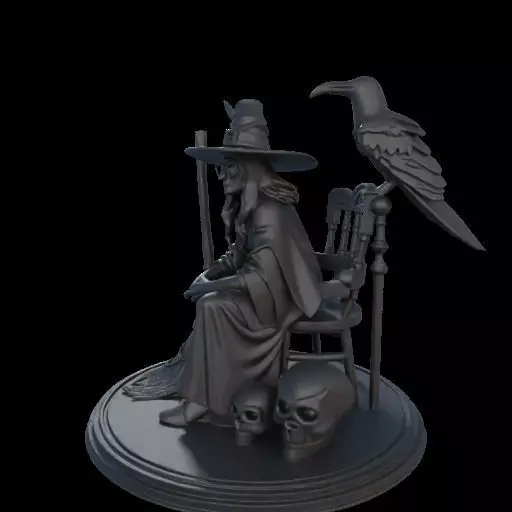 2132Ivory Witch on Chair with Broom Raven and Skull 3D print model_19