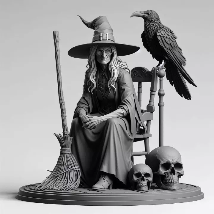 2132Ivory Witch on Chair with Broom Raven and Skull 3D print model_31
