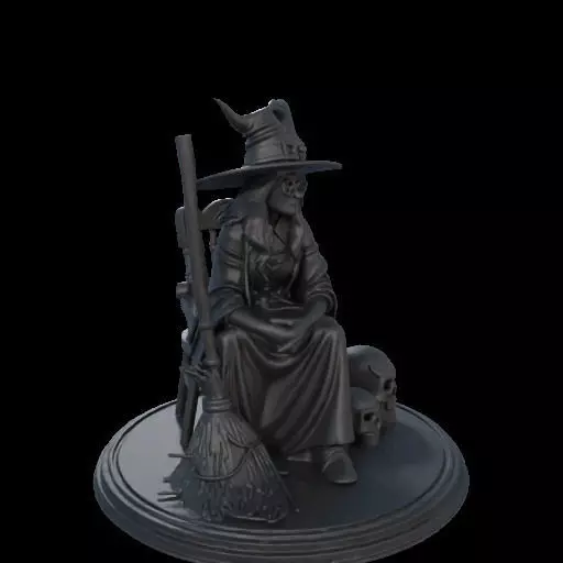 2132Ivory Witch on Chair with Broom Raven and Skull 3D print model_24
