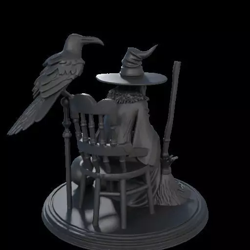 2132Ivory Witch on Chair with Broom Raven and Skull 3D print model_6