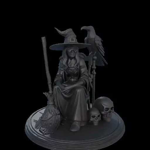 2132Ivory Witch on Chair with Broom Raven and Skull 3D print model_1