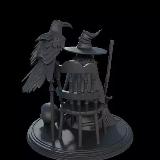 2132Ivory Witch on Chair with Broom Raven and Skull 3D print model_8
