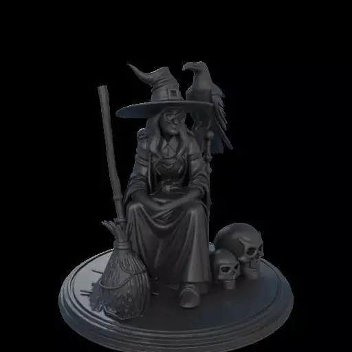 2132Ivory Witch on Chair with Broom Raven and Skull 3D print model_12