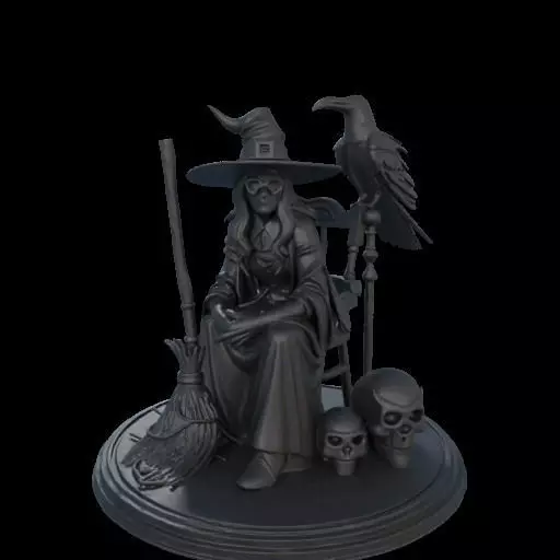 2132Ivory Witch on Chair with Broom Raven and Skull 3D print model_0