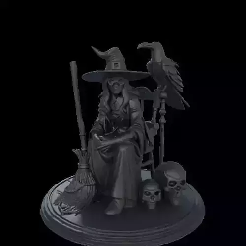 2132Ivory Witch on Chair with  Broom  Raven and Skull 