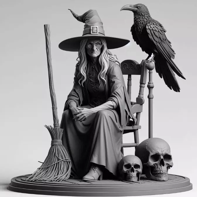 2132Ivory Witch on Chair with Broom Raven and Skull 3D print model_35