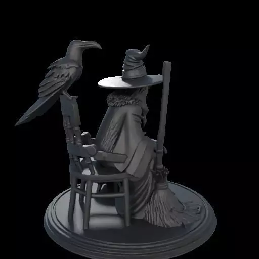 2132Ivory Witch on Chair with Broom Raven and Skull 3D print model_3