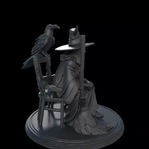 2132Ivory Witch on Chair with Broom Raven and Skull 3D print model_29
