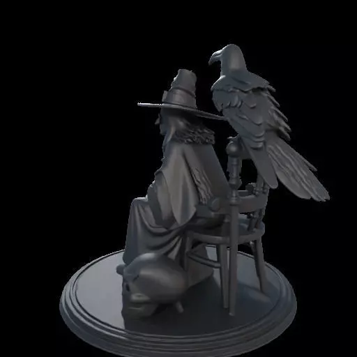 2132Ivory Witch on Chair with Broom Raven and Skull 3D print model_15