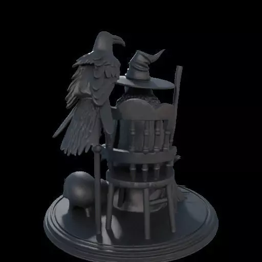 2132Ivory Witch on Chair with Broom Raven and Skull 3D print model_9