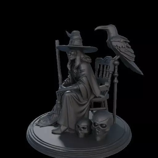 2132Ivory Witch on Chair with Broom Raven and Skull 3D print model_20