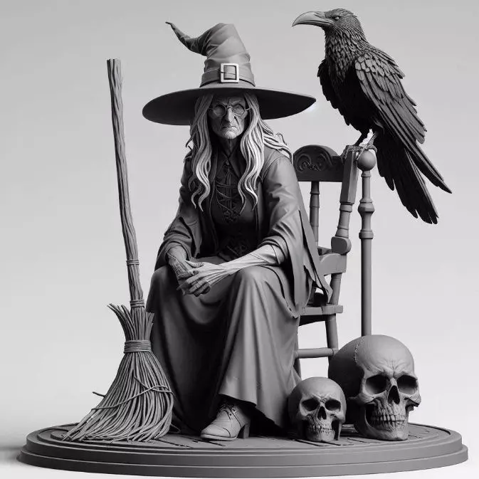 2132Ivory Witch on Chair with Broom Raven and Skull 3D print model_34