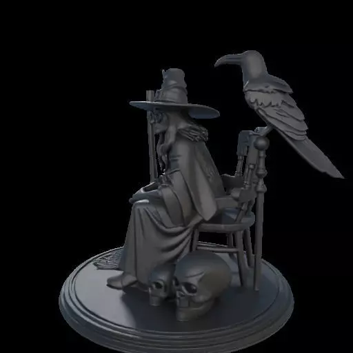 2132Ivory Witch on Chair with Broom Raven and Skull 3D print model_18